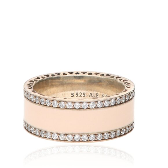 Pandora Hearts of PANDORA Pink Enamel & Clear CZ Band Ring – Size 7.25 - Picture 1 of 2